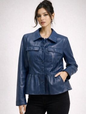 NWT Marc New York Andrew Marc Teal Faux Leather Peplum Shirt Jacket in Small